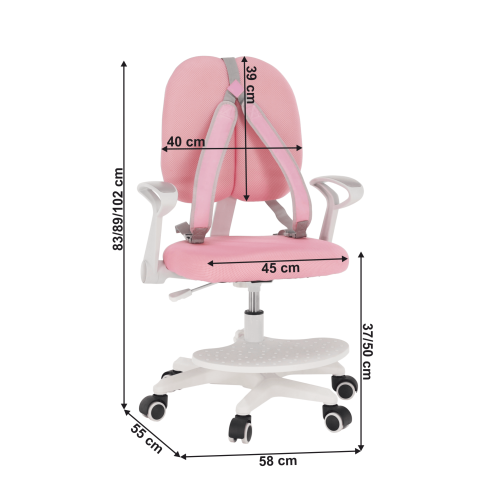 Scaun reglabil cu suport pentru picioare si curele roz alb ANAIS4