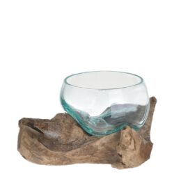 Vas de sticla decorativ cu baza lemn 15x10x15 cm