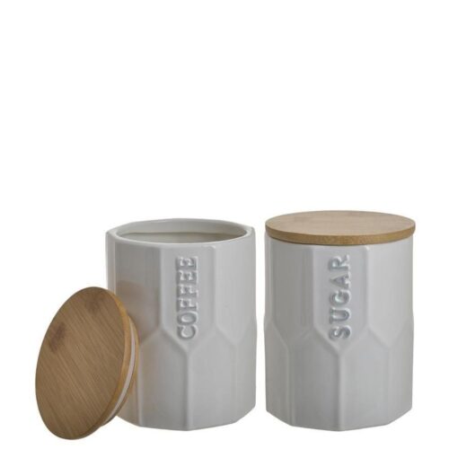 Set 2 recipiente portelan capac lemn cafea zahar 11x15 cm
