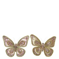 Decoratiune fluture catifea clips roz auriu 18x15 cm