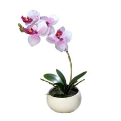 Orhidee artificiala alb-mov in ghiveci ceramic – 25 cm