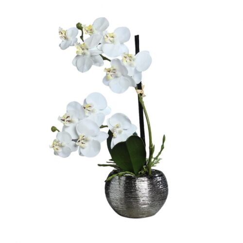 Orhidee artificiala alba in ghiveci ceramic – 30 cm