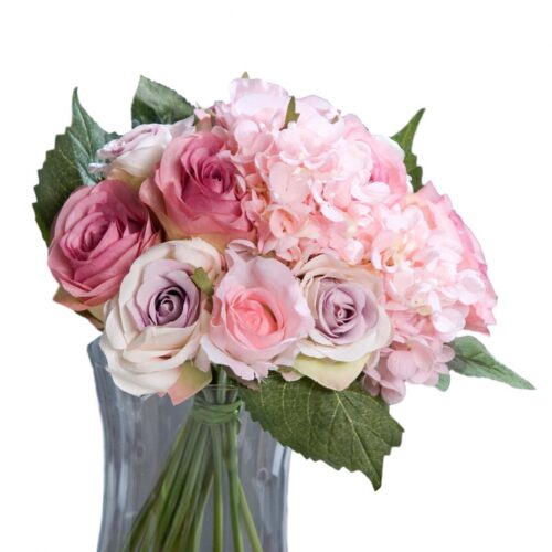 buchet trandafiri si hortensii artificiale roz 35 cm 775