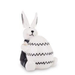Figurina ceramica iepuras cu ou negru alb 8.5x6x6.5 cm