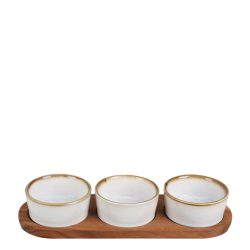 Set servire cu 3 boluri ceramice si platou lemn acacia