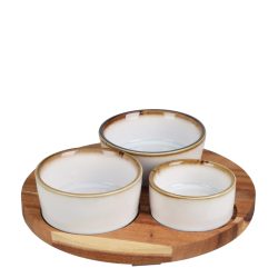 Set servire cu 3 boluri ceramice si platou lemn acacia rotund
