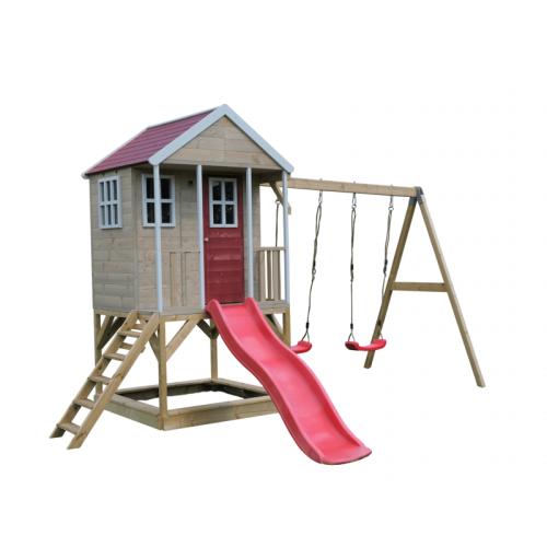 casuta de gradina nordic adventure house cu platforma cu loc pentru nisip tobogan si leagan dublu m30r wendi toys 6