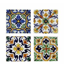 Set 4 coastere ceramica pluta model tiles albastru 10.8x10.8 cm
