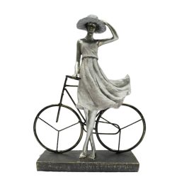 Figurina femeie cu bicicleta argintiu negru 27.5x9.5x34.5 cm
