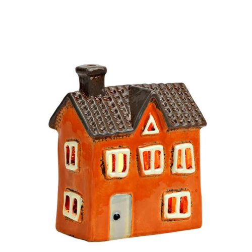 Decoratiune casuta ceramica cu suport lumanare portocaliu 11x12x7 cm