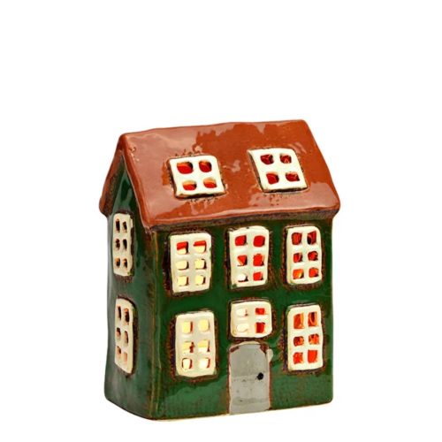 Decoratiune casuta ceramica cu suport lumanare verde 11x15x7 cm