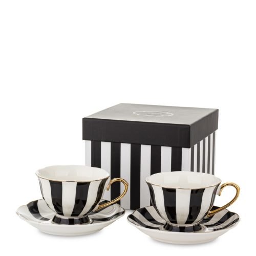 Set 2 cani cu farfurie pentru cafea portelan model cu dungi negre