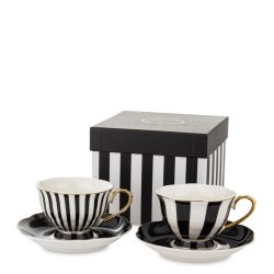 Set 2 cani cu farfurie pentru cafea portelan model cu dungi negre mix