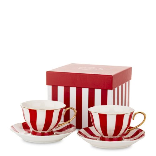 Set 2 cani cu farfurie pentru cafea portelan model cu dungi rosii