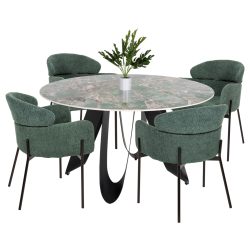 Set dining cu masa rotunda cu blat ceramic si 4 scaune nuanta gri verde petrol