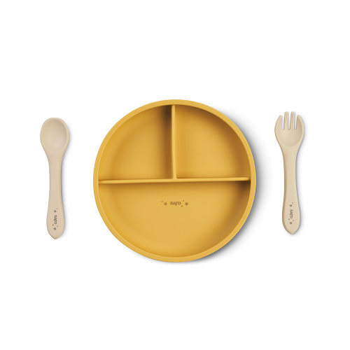 Set diversificare bebelusi, silicon alimentar premium, 4 piese ,   farfurie sectionata, lingurita, furculita, cana ,    , œFood  Fun,   Mustard - imagine 2