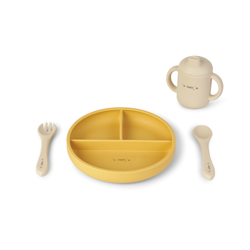 Set diversificare bebelusi, silicon alimentar premium, 4 piese ,   farfurie sectionata, lingurita, furculita, cana ,    , œFood  Fun,   Mustard