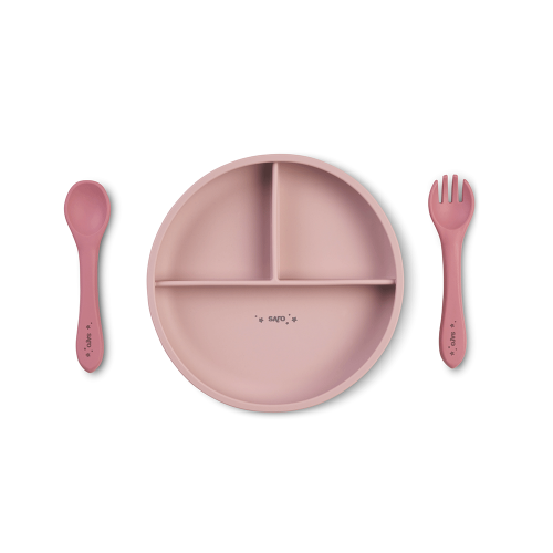 Set diversificare bebelusi, silicon alimentar premium, 4 piese ,   farfurie sectionata, lingurita, furculita, cana ,    , œFood  Fun,   Pink - imagine 2