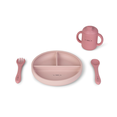 Set diversificare bebelusi, silicon alimentar premium, 4 piese ,   farfurie sectionata, lingurita, furculita, cana ,    , œFood  Fun,   Pink