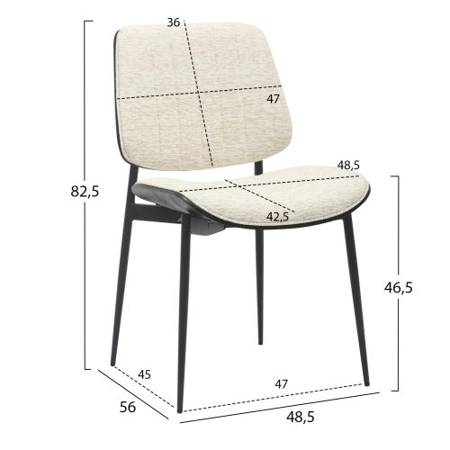 Scaun Conti cadru metalic negru tapiterie ecru 48.5x56x82.5 cm - imagine 2