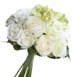 Buchet trandafiri si hortensii artificiale crem-verde – 35 cm