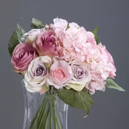 buchet trandafiri si hortensii artificiale roz 35 cm 772