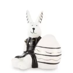 Figurina ceramica iepuras cu ou negru alb 8.5x7.5x7 cm