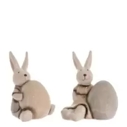 Figurina ceramica iepuras cu ou sezut alb gri 8.3 cm