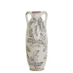 Vaza ceramica cu manere model frunze gri aspect antichizat 13x13x35 cm