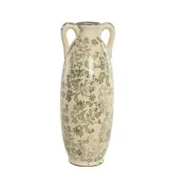 Vaza ceramica cu manere model frunze verzi aspect antichizat 13x13x35 cm