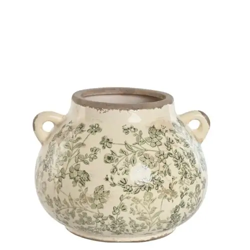 Vaza ceramica cu manere model frunze verzi aspect antichizat 21x20x16 cm