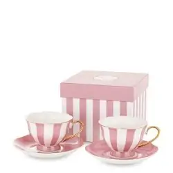 Set 2 cani cu farfurie pentru cafea model dungi roz 220 ml